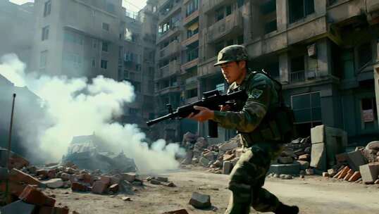 士兵在废墟区域持枪行动