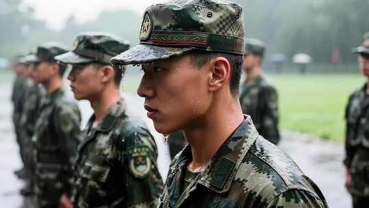 军人雨中列队训练素材