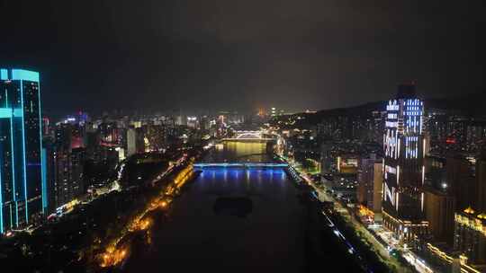 航拍甘肃兰州黄河两岸夜景