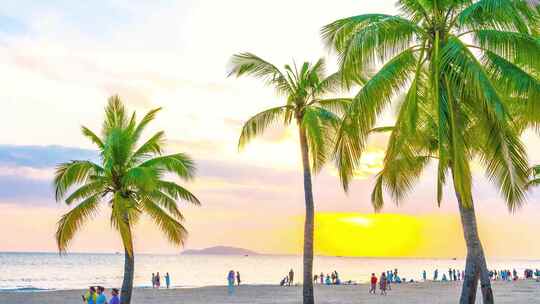 海南三亚日落黄昏时的椰树椰林沙滩大海旅游