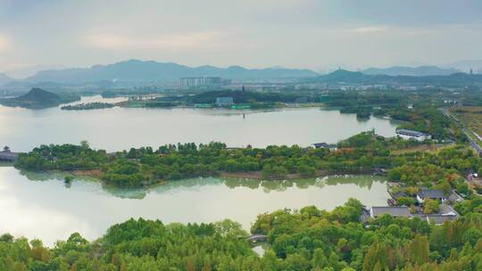 浙江杭州市湘湖初秋晨曦云层航拍