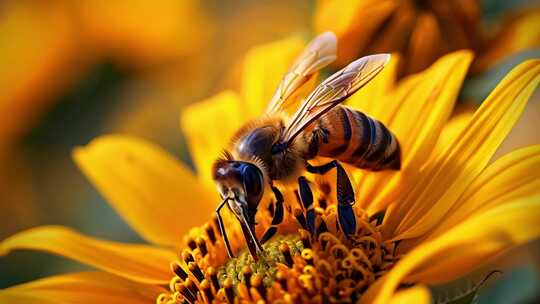 4K蜜蜂采蜜花丛阳光向日葵高清