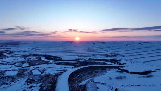 海拉尔河湿地雪景暮色视频素材模板下载