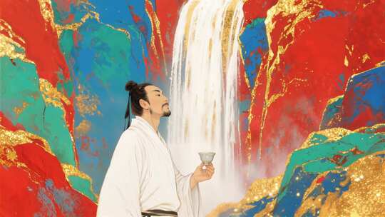 古风男子持杯立于瀑布前