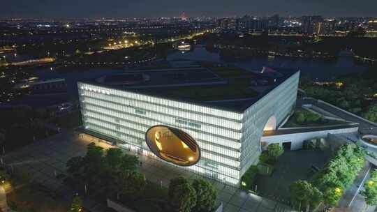上海保利大剧院夜景航拍嘉定新城城市风光视频素材模板下载