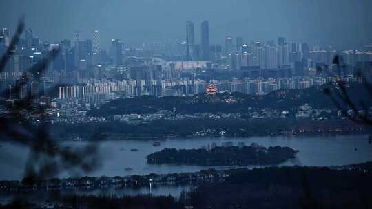 杭州西湖畔城市夜景俯瞰延时视频