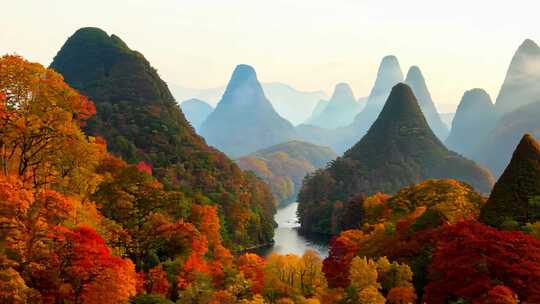 山间河流两岸秋景山林风光