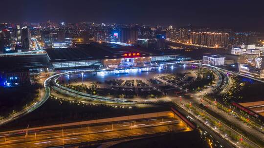 南京南站4k夜景航拍环绕延时