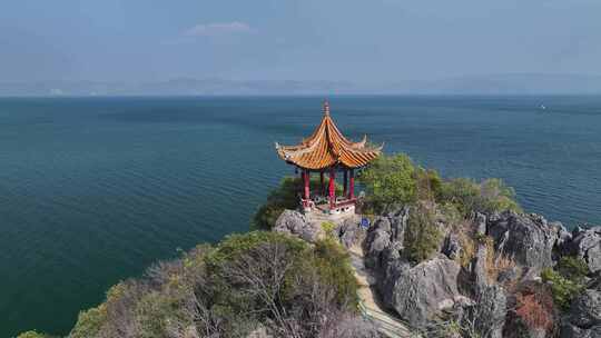 云南玉溪市抚仙湖禄充风景区笔架山航拍风光