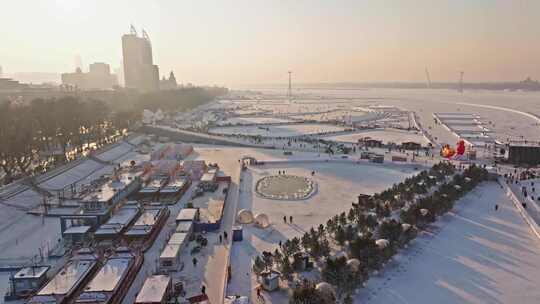 哈尔滨松花江上冬季冰雪嘉年华航拍