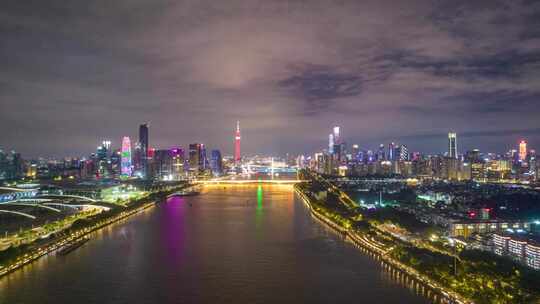 广州珠江两岸夜景灯光航拍延时4K