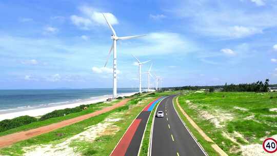 航拍海南文昌环岛旅游自驾旅行与新能源风车视频素材模板下载