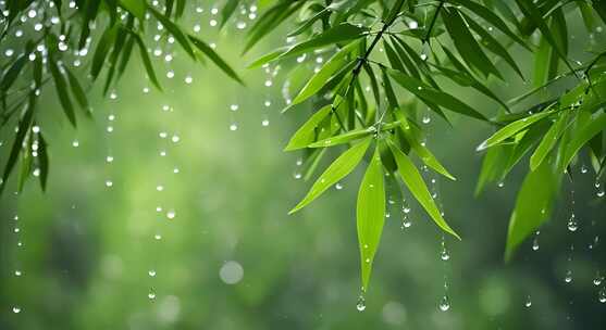 雨滴入竹叶唯美雨滴森林树叶小清新植物树木