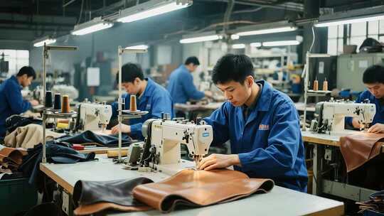 制衣厂工人操作缝纫机画面