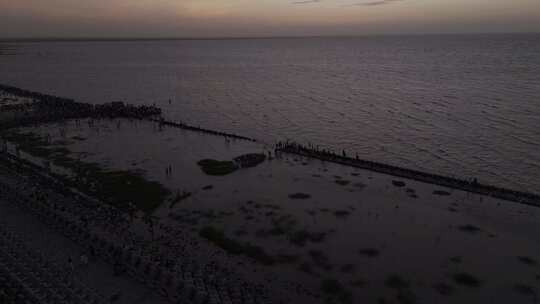 海面 滩涂 日出 朝霞 人群 海边 沙滩 航拍