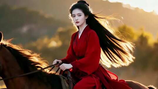 红衣古装女子骑马画面