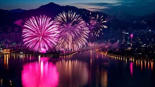 城市湖畔烟花与远山夜景