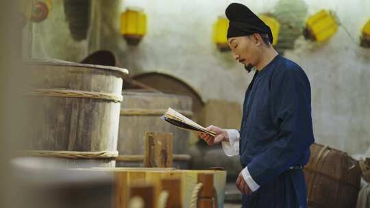 唐朝古代古装古人在酿酒作坊内查看配方书籍