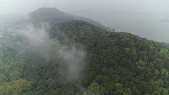 航拍武汉东湖磨山清晨雾气