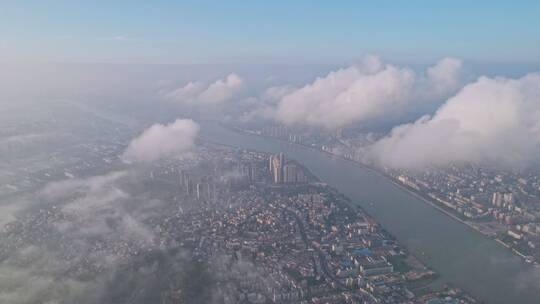 4K航拍珠海斗门城市日出朝阳平流雾云海