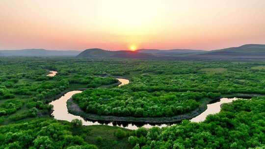 大气磅礴的湿地丛林河湾日出朝阳