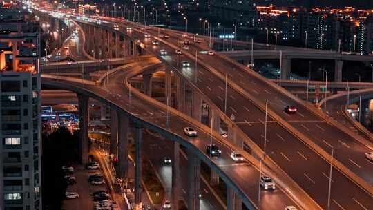 航拍城市高架桥车辆晚高峰夜景