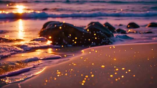 海边夕阳下的海浪与沙滩