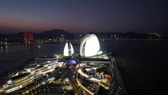 航拍珠海日月贝大剧院夜景