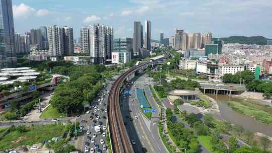 深圳城市地铁高架桥建筑摩天大楼高楼航拍