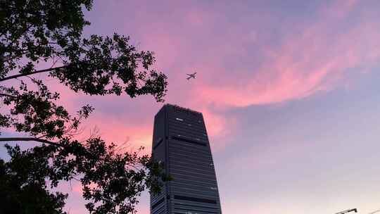 城市日落紫色天空