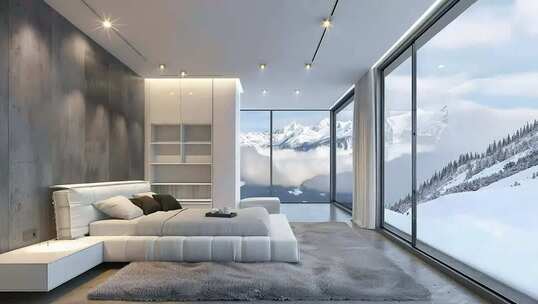 现代卧室带雪山景观全景