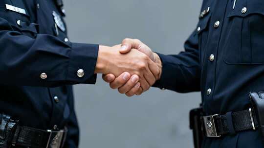 两名警察身穿制服握手团结合作特写视频