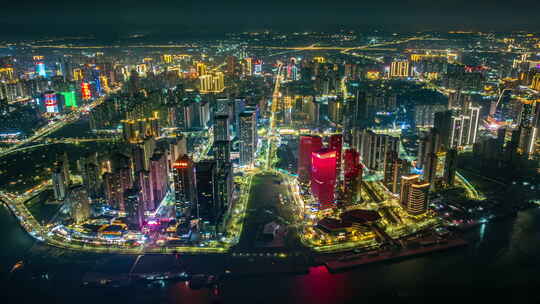 湛江中央商务区夜景航拍延时视频
