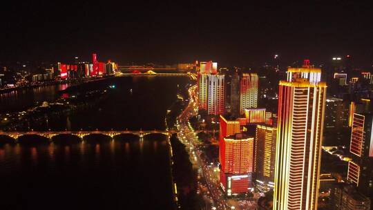 湖南长沙城市夜景灯光交通航拍