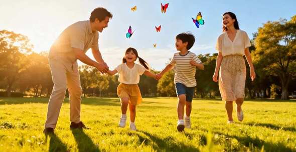 一家四口公园欢乐奔跑