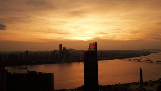 长沙湘江新区城市夕阳航拍