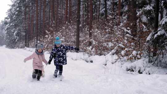 孩子们，玩耍，雪，森林