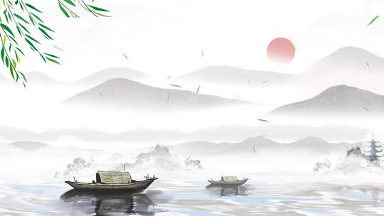 中国风水墨小船山峦背景视频AE模板