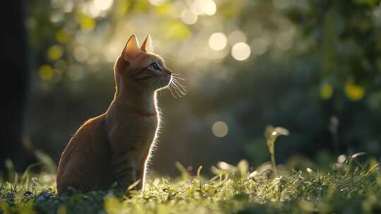 阳光洒落草地小猫咪的惬意生活
