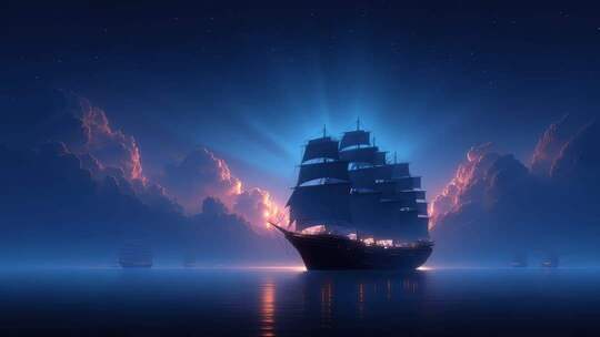 星光璀璨之下扬帆起航的古老船只
