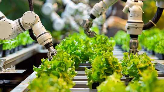 现代农业大棚内智能机器人正在养护蔬菜