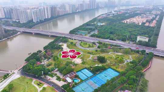 广州海心沙航拍广州大桥海心桥天河体育中心视频素材模板下载