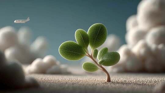 绿芽破土而出飞机划过天际