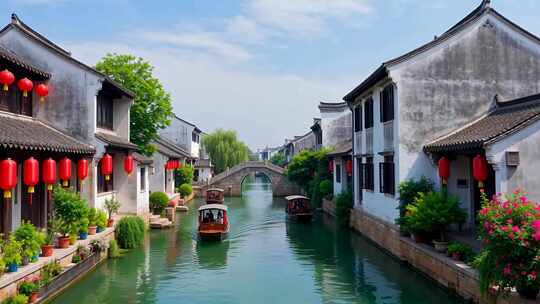 江南水乡古镇河道游船景象