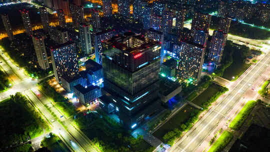 杭州余杭城市夜景光影4K车水马龙航拍延时视频素材模板下载