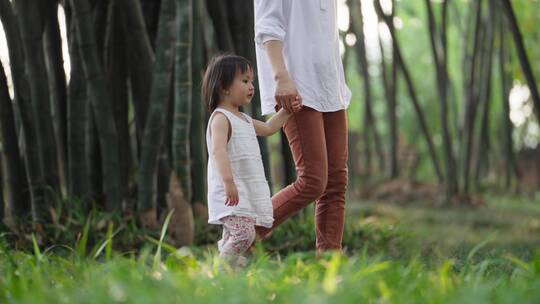 小女孩和妈妈在一起走在成都望江公园竹林