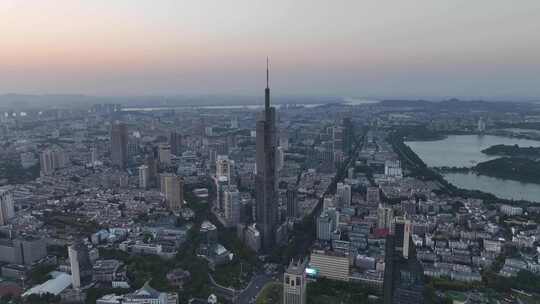 航拍江苏南京中央商务区紫峰大厦夕阳景观