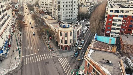 沈阳中山路历史建筑冬季航拍风景视频素材模板下载