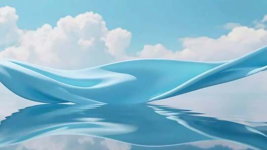 蓝色绸带漂浮于蓝天白云下