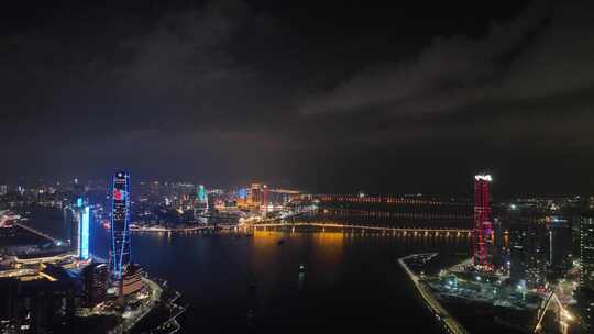 珠海澳门夜景航拍横琴新区城市夜晚建筑风光